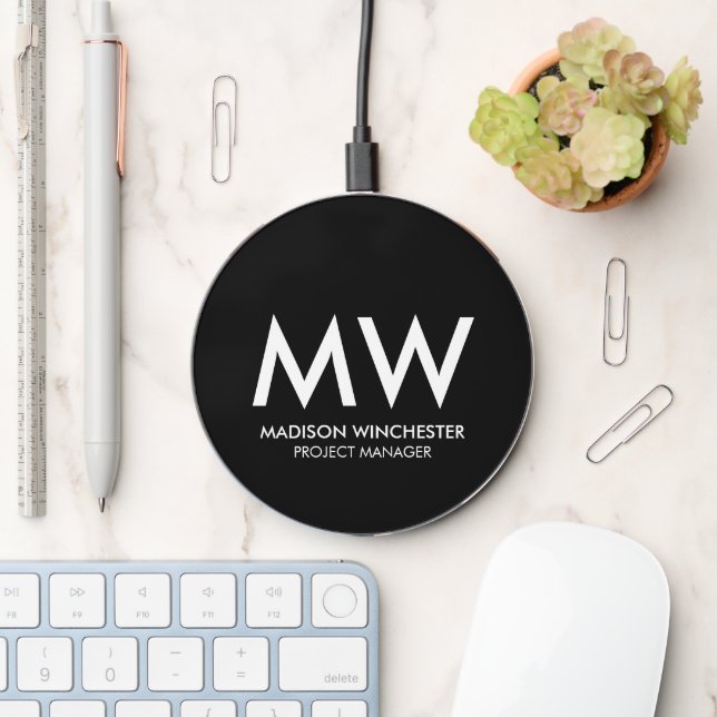 Modern monogram black custom initials name title  wireless charger  (Desk)
