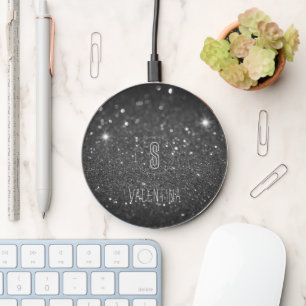 Modern Monogram Black Glitter Wireless Charger