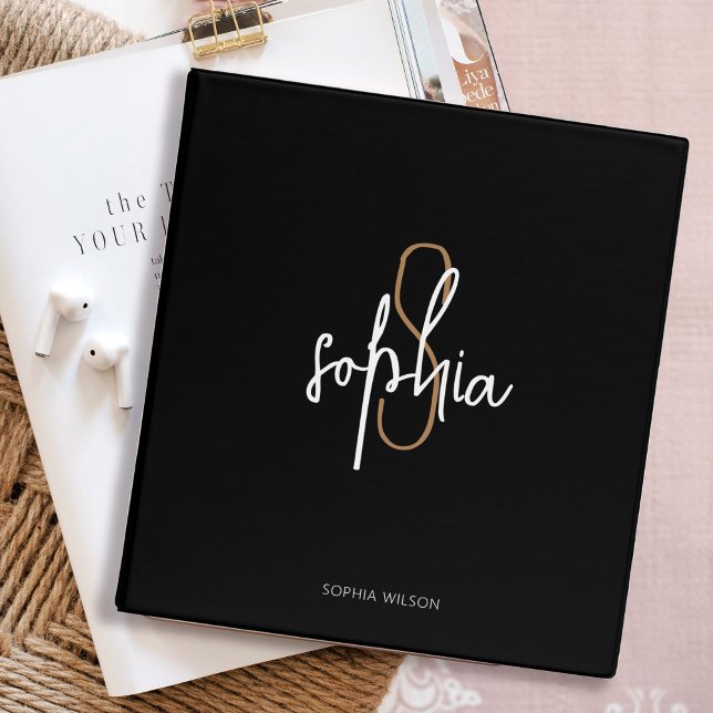 Modern Monogram Black Gold Business School 3 Ring Binder (Creator Uploaded)