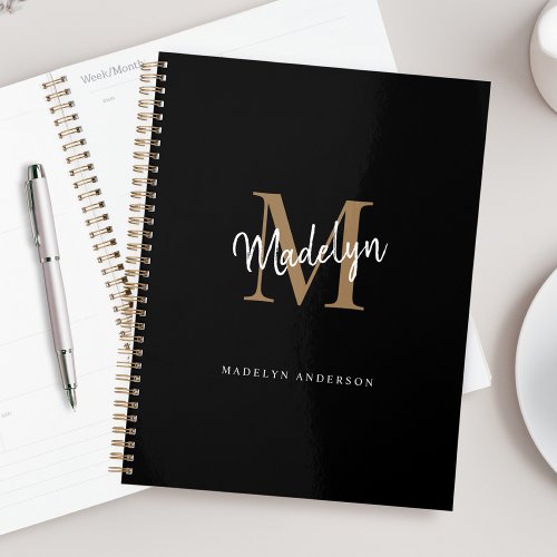 Modern Monogram Black Gold Elegant Script Name Planner