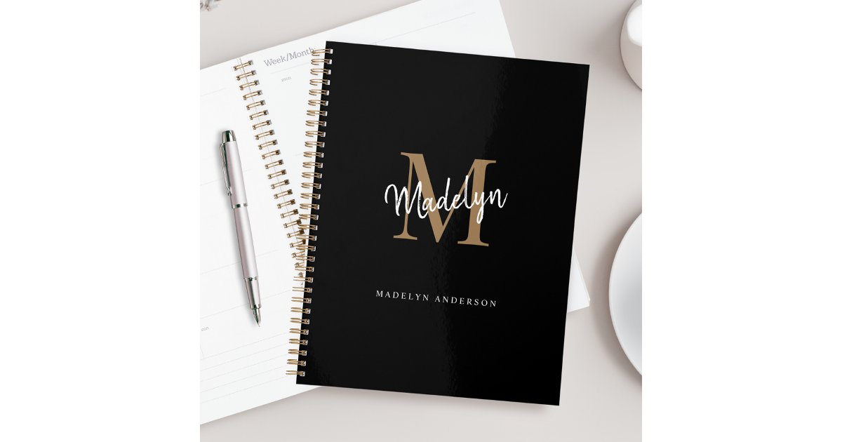 Modern Monogram Black Gold Elegant Script Name Planner | Zazzle