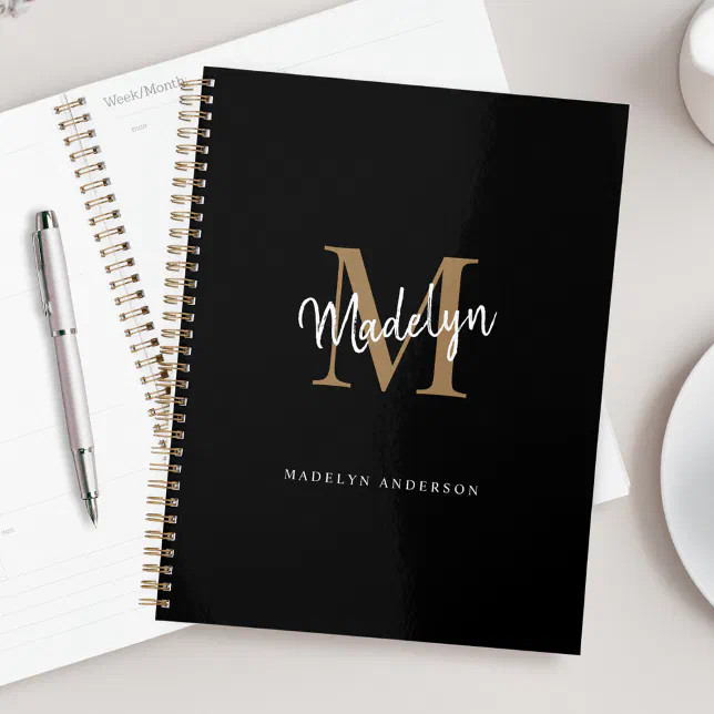 Modern Monogram Black Gold Elegant Script Name Planner | Zazzle