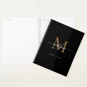 Modern Monogram Black Gold Elegant Script Name Planner