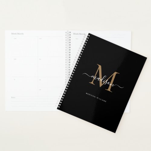 Modern Monogram Black Gold Elegant Script Name Planner