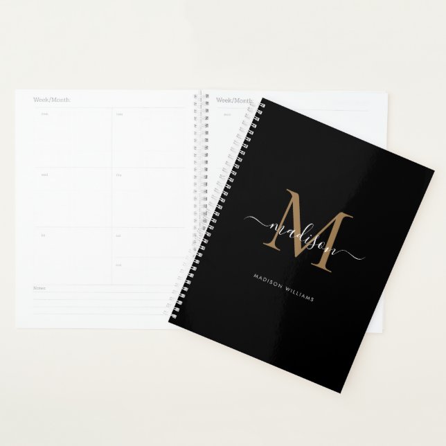 Modern Monogram Black Gold Elegant Script Name Planner (Display)