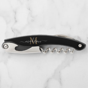 Modern Monogram Black Gold Elegant Script Name Waiter's Corkscrew