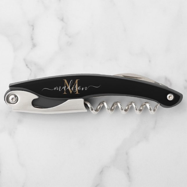 Modern Monogram Black Gold Elegant Script Name Waiter's Corkscrew (Front)
