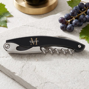 Modern Monogram Black Gold Elegant Script Name Waiter's Corkscrew