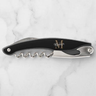 Modern Monogram Black Gold Elegant Script Name Waiter's Corkscrew