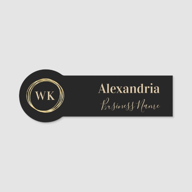 Modern Monogram Black Gold Employee Name Tag (Front)
