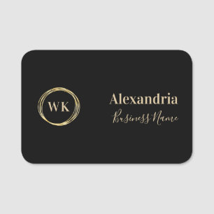 Modern Monogram Black Gold Employee Name Tag