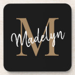Modern Monogram Black Gold Feminine Script Name Beverage Coaster<br><div class="desc">Modern Monogram Black Gold Feminine Script Name Beverage Coaster. Easily personalize this modern elegant beverage coaster with your custom monogram and name.</div>