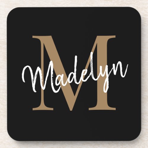 Modern Monogram Black Gold Feminine Script Name Beverage Coaster