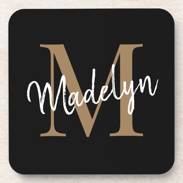 Modern Monogram Black Gold Feminine Script Name Beverage Coaster (Front)