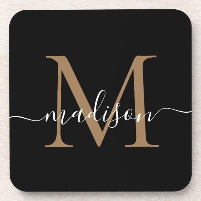 Modern Monogram Black Gold Feminine Script Name Beverage Coaster (Front)