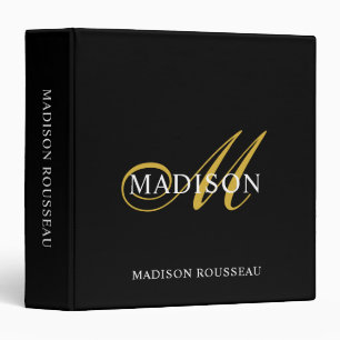 Modern Monogram Black Gold Flourish Script 3 Ring Binder