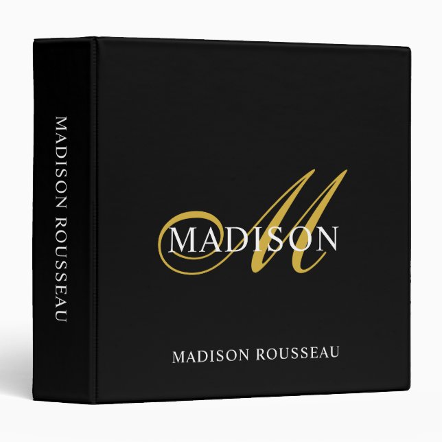 Modern Monogram Black Gold Flourish Script  3 Ring Binder (Front/Spine)