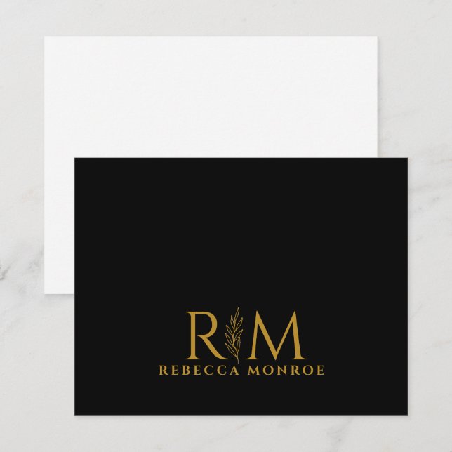 Modern Monogram Black Gold Name Note Card (Front/Back)