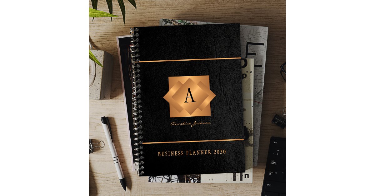 Modern monogram black gold name script elegant planner | Zazzle