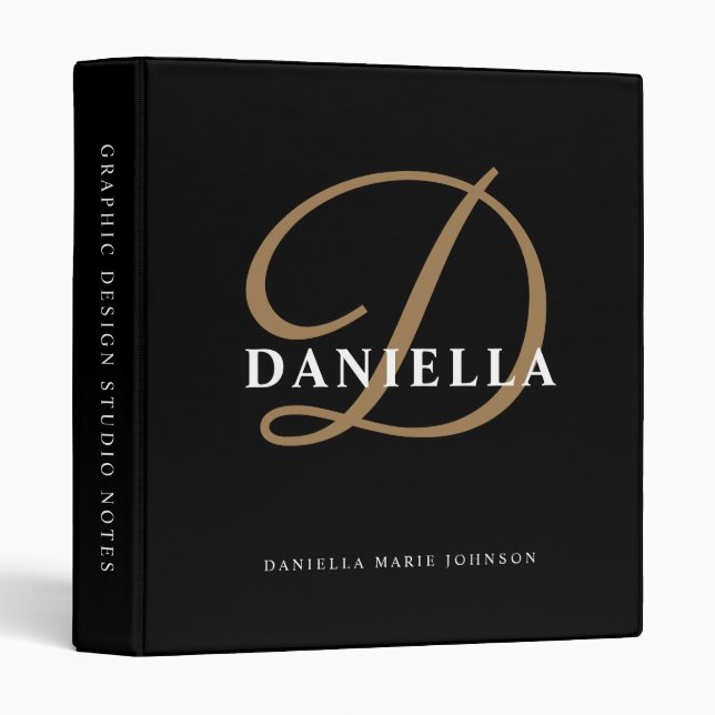 Modern Monogram Black Gold Script Business Office 3 Ring Binder (Front/Spine)