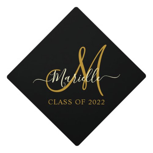 Modern  Monogram Black Gold Script Class Of 2022 G Graduation Cap Topper