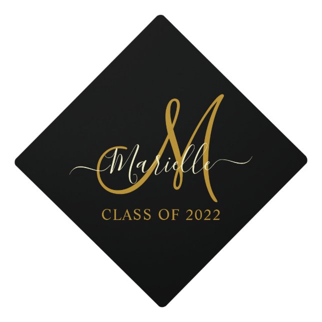 Modern  Monogram Black Gold Script Class Of 2022 G Graduation Cap Topper (Front)