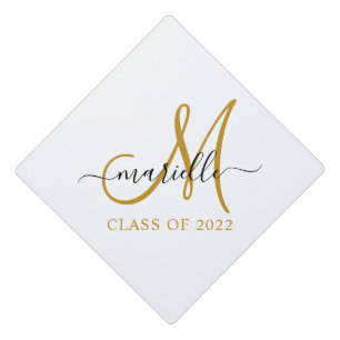 Modern  Monogram Black Gold Script Class Of 2022 Graduation Cap Topper