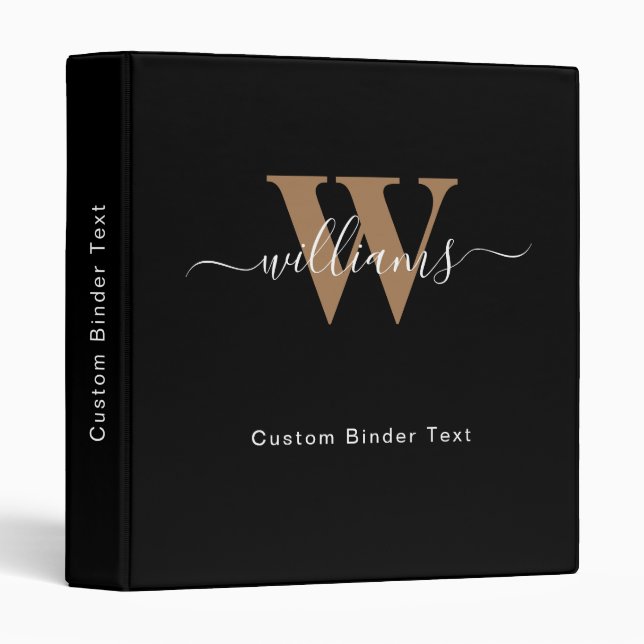 Modern Monogram Black Gold Script Initial Name 3 Ring Binder (Front/Spine)