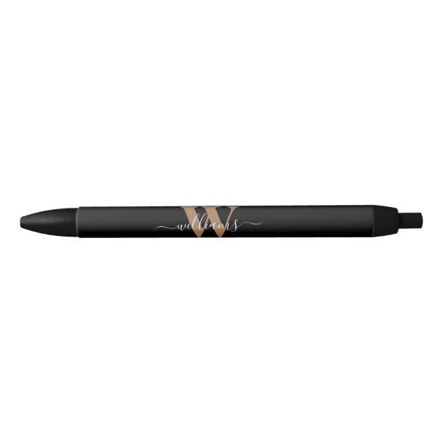 Modern Monogram Black Gold Script Initial Name Pen (Front)