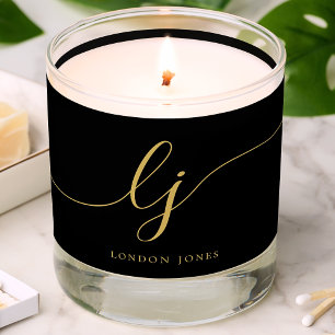 Modern Monogram Black Gold Script Initials Scented Candle