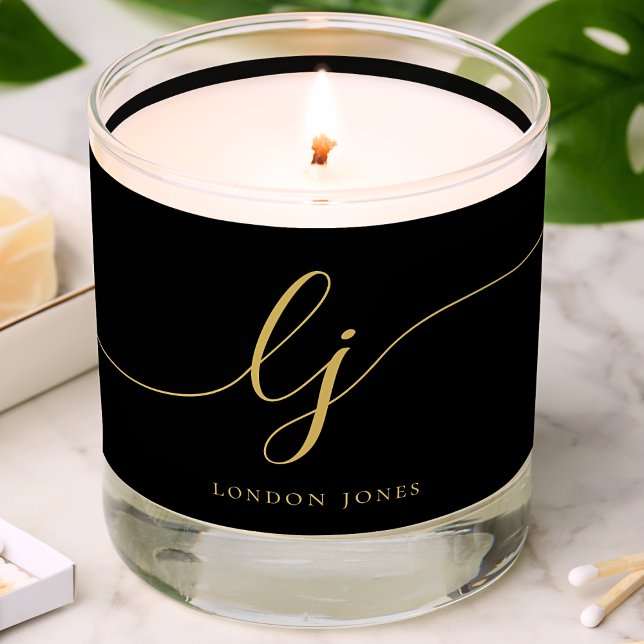 Modern Monogram Black Gold Script Initials Scented Candle (Creator Uploaded)