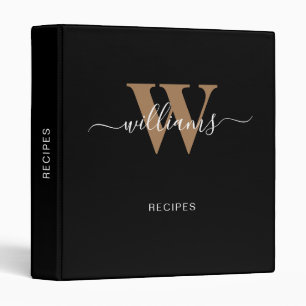 Modern Monogram Black Gold Script Name Recipe 3 Ring Binder