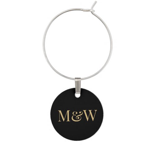 Modern Monogram Black Gold Wedding Couple Wine Charm