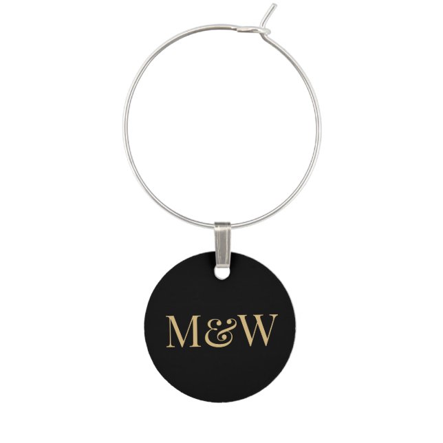 Modern Monogram Black Gold Wedding Couple Wine Charm (Front)