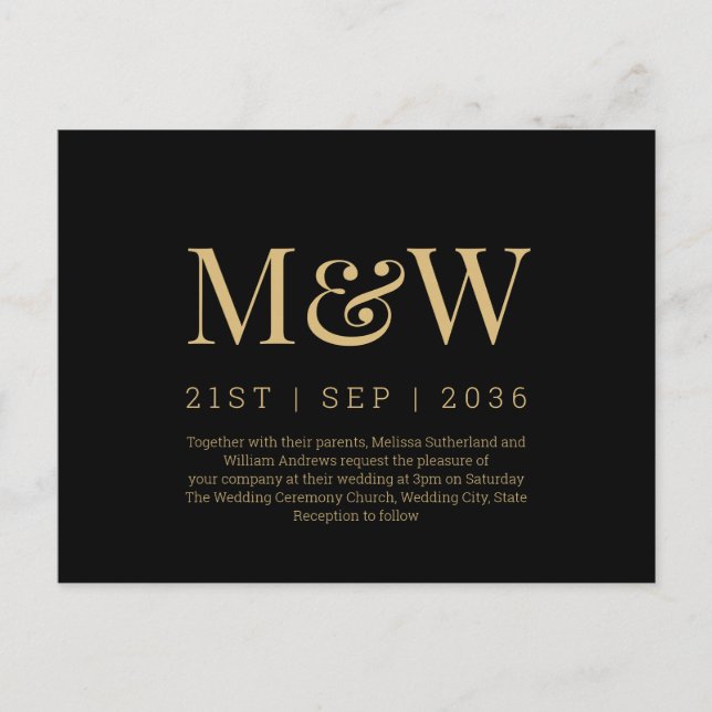 Modern Monogram Black Gold Wedding Invitation Postcard (Front)