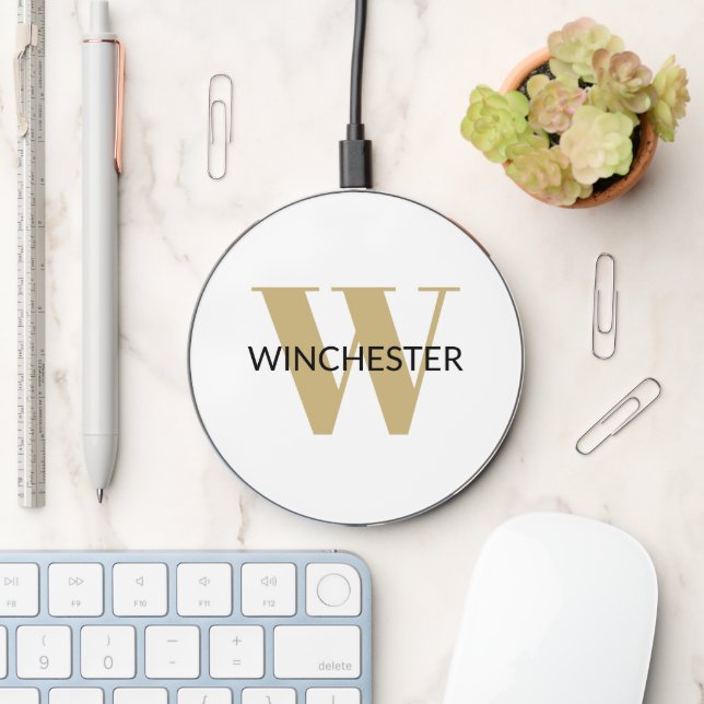 Modern monogram black gold white initial name wireless charger  (Desk)