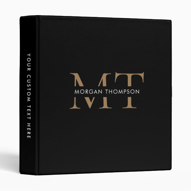 Modern Monogram Black Gold with Name 3 Ring Binder (Front/Spine)