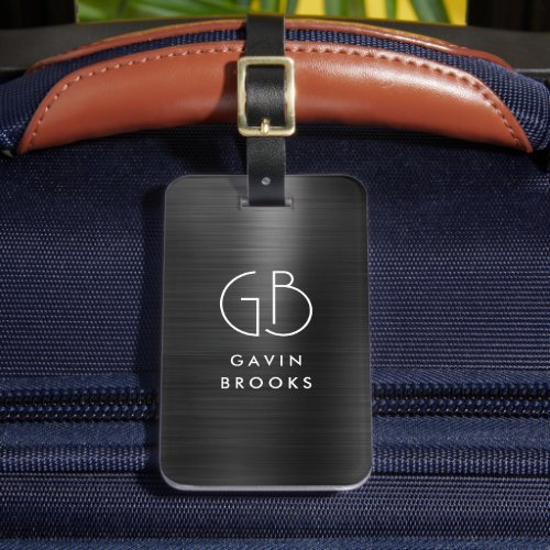Modern Monogram Black Gray Brushed Glam Metallic Luggage Tag