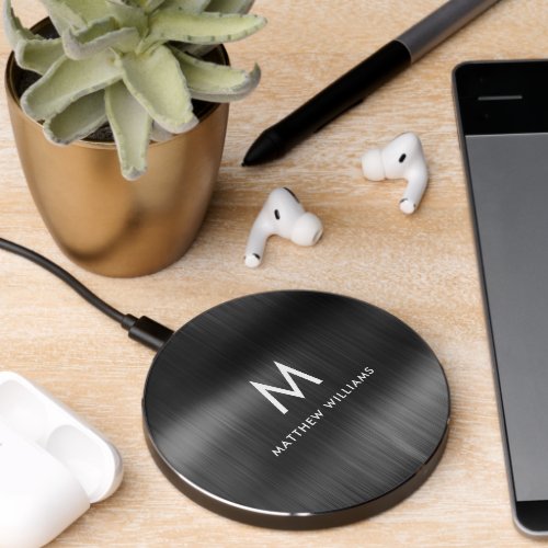 Modern Monogram Black Gray Faux Metal Personalized Wireless Charger