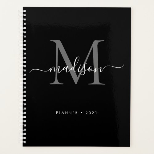 Modern Monogram Black Gray Girly Script Name 2021 Planner