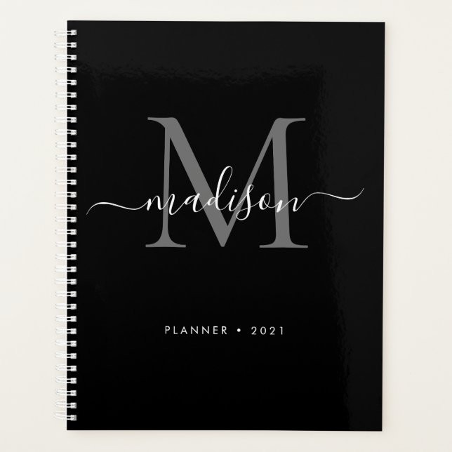 Modern Monogram Black Gray Girly Script Name 2021 Planner (Front)