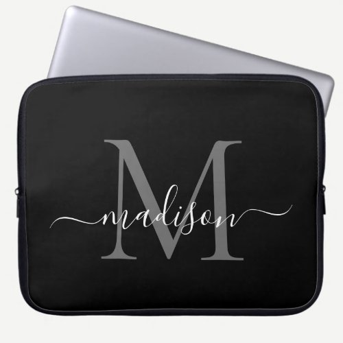 Modern Monogram Black Gray Silver Girly Script Laptop Sleeve