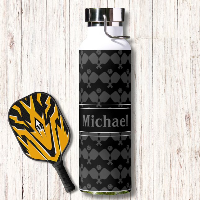 Modern Monogram Black Grey Pickleball Pattern Water Bottle (Creator Uploaded)
