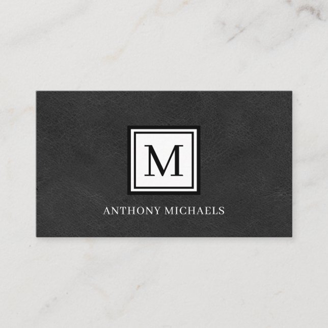 Modern Monogram Black Leather Look Business Card (Front)