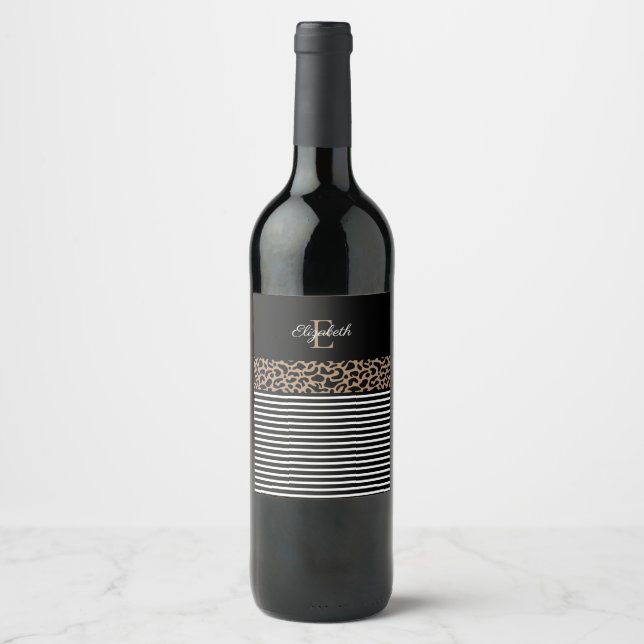 Modern Monogram Black Leopard Print Wine Label (Front)