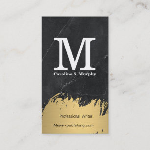 Modern Monogram Black Marble Gold Brushed Business Card