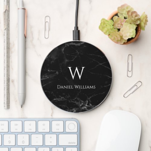 Modern Monogram Black Marble White Initial Name  Wireless Charger