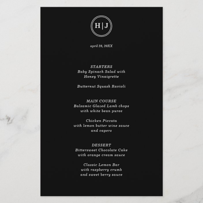 Modern Monogram Black Paper Menu | Zazzle.com