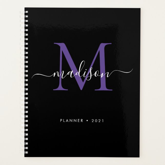 Modern Monogram Black Purple Girly Script 2021 Planner (Front)