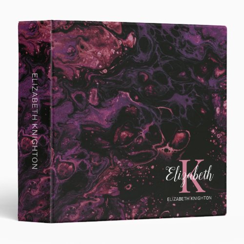 Modern Monogram Black Purple Marble Pattern School 3 Ring Binder